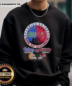Alt Text: Florida Gators and Tampa Bay Buccaneers helmet logo mashup sweatshirt, perfect for game days and fan style.
