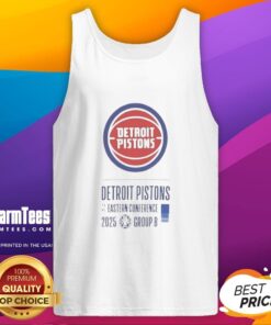 Stylish Good Detroit Pistons Eastern Conference 2025 tank top displayed on a mannequin in a sports apparel store.