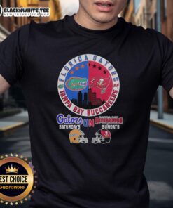 Florida Gators and Tampa Bay Buccaneers helmet logo mashup t-shirt design, perfect for sports fans on game days.