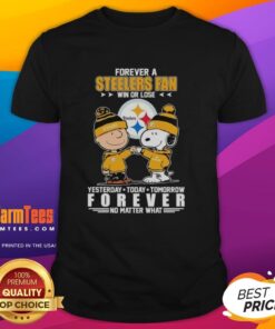 Charlie Brown fist bump with Snoopy in Steelers shirt; a fan's tribute to Pittsburgh Steelers win or lose. T-shirt design.