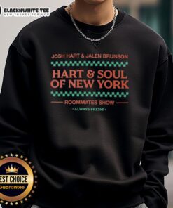 Alt Text: Josh Hart and Jalen Brunson wearing 'Hart and Soul of New York' sweatshirts, showcasing their friendship and style.