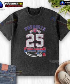Alt Text: 2025 AFC East Division Champions New England Patriots t-shirt featuring all signatures, perfect for fans.