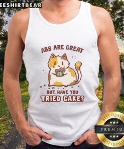 Funny Cake Cat tank top design, perfect for cat lovers who appreciate awesome abs and humor in fitness apparel.