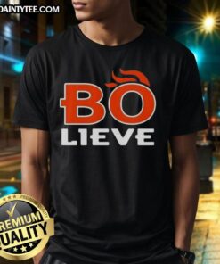 Awesome Bo Nix Bo-Lieve Denver Broncos Football T-Shirt featuring bold graphics and vibrant colors for fans.