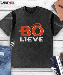 Awesome Bo Nix 'Bo-Lieve' Denver Broncos football washed t-shirt in vibrant colors, perfect for game day style.