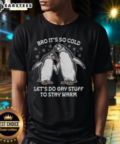 Awesome Bro It'S So Cold Let'S Do Gay Stuff To Stay Warm T-Shirt featuring a fun winter-themed design for LGBTQ+ pride.