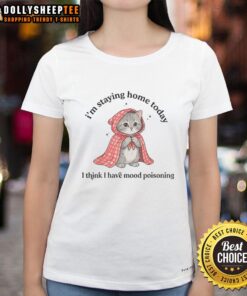 Awesome cat in a cozy home setting wearing a 'Mood Poisoning' tee, perfect for cat lovers staying in today.