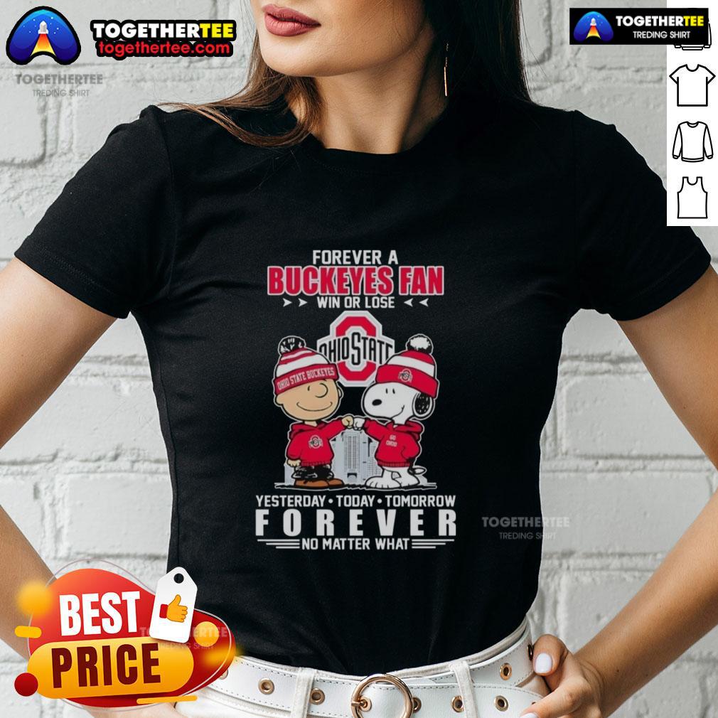 Awesome Charlie Brown Fist Bump Snoopy Forever A Ohio State Buckeyes Fan Win Or Lose No Matter What Ladies-Tee Alt Text: Awesome Charlie Brown fist bump with Snoopy, perfect for Ohio State Buckeyes fans, win or lose, ladies tee design.