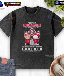 Alt Text: Awesome Charlie Brown fist bump with Snoopy, showcasing Ohio State Buckeyes fan spirit for win or lose on a washed t-shirt.