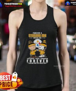 Awesome Charlie Brown and Snoopy fist bump in Pittsburgh Steelers tank top, celebrating loyalty win or lose.