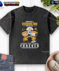 Alt Text: Awesome Charlie Brown fist bump with Snoopy, celebrating Pittsburgh Steelers fandom in a washed t-shirt.