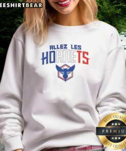 Alt Text: Awesome Charlotte Hornets Allez Les Hornets sweatshirt featuring vibrant team colors and logo for fans.