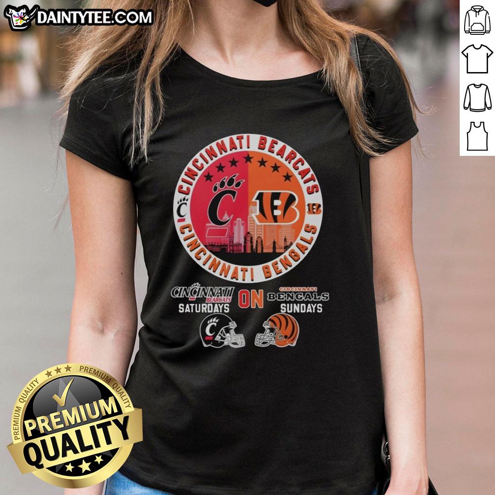 awesome-cincinnati-bearcats-on-saturdays-and-cincinnati-bengals-on-sundays-helmet-logo-mashup-ladies-tee Awesome Cincinnati Bearcats and Bengals helmet logo mashup on a women's tee for game day style.