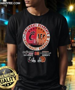 Alt Text: Awesome Cincinnati Bearcats and Bengals helmet logo mashup t-shirt, perfect for game days and fan gear.