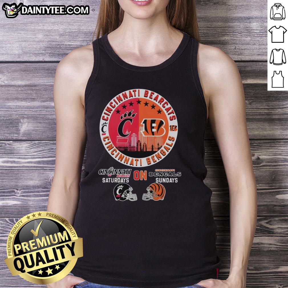 awesome-cincinnati-bearcats-on-saturdays-and-cincinnati-bengals-on-sundays-helmet-logo-mashup-tank-top Awesome Cincinnati Bearcats and Bengals helmet logo mashup tank top, perfect for game days and sports fans.