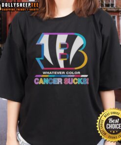 Cincinnati Bengals football ladies tee featuring vibrant colors and 'Cancer Sucks' logo for support and awareness.