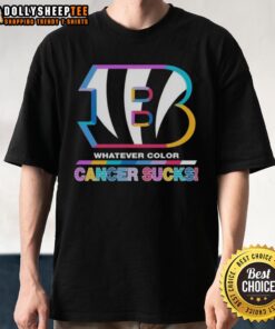 Alt Text: Cincinnati Bengals Football T-Shirt featuring colorful 'Cancer Sucks' logo, perfect for fans supporting cancer awareness.