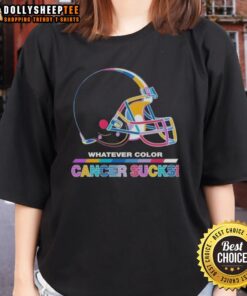 Alt Text: Cleveland Browns football ladies tee featuring 'Cancer Sucks' logo in team colors, perfect for fans supporting a cause.
