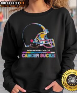 Alt Text: Cleveland Browns Football sweatshirt featuring vibrant logo colors and a message against cancer in a stylish design.