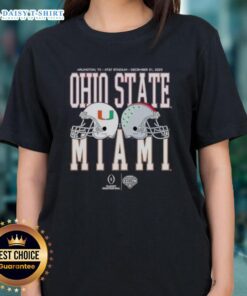 Miami Hurricanes vs. Ohio State Buckeyes 2025 Cotton Bowl Classic Ladies Tee showcasing team logos and vibrant design.