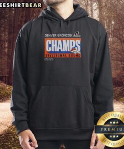 Awesome Denver Broncos 2025-26 Divisional Round Champs hoodie showcasing team pride and stylish design.