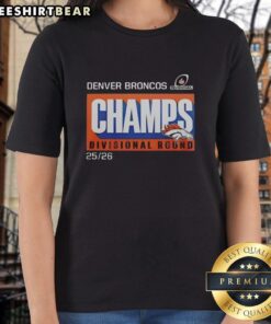 Alt Text: Awesome Denver Broncos 2025-26 Divisional Round Champs Ladies Tee featuring team colors and logo.