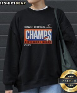 Alt Text: Denver Broncos 2025-26 Divisional Round Champs sweatshirt featuring vibrant team colors and logo design.