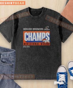 Awesome Denver Broncos 202526 Divisional Round Champs washed t-shirt, featuring team colors and logo on soft fabric.