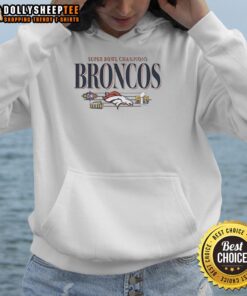 Alt Text: Vintage Denver Broncos Super Bowl Champions hoodie showcasing titles XXXII and XXXIII in a stylish design.