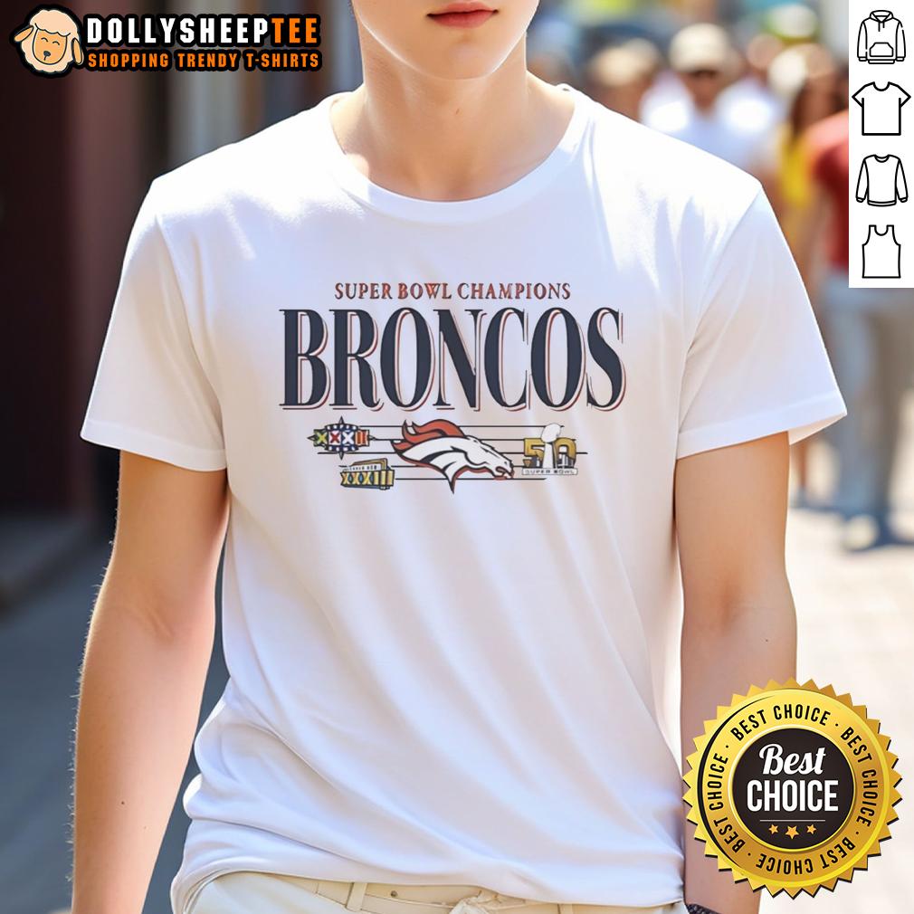 Awesome Denver Broncos Super Bowl Champions Xxxii Xxxiii Vintage T Shirt Alt Text: Vintage Denver Broncos Super Bowl Champions XXXII XXXIII T-Shirt featuring team colors and iconic logos.