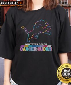 Detroit Lions football ladies tee featuring colorful 'Cancer Sucks' logo, perfect for supporting the team and cancer awareness.