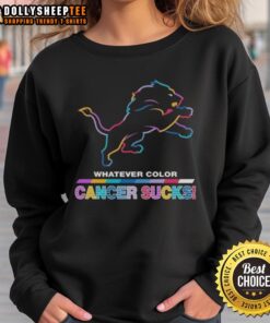 Awesome Detroit Lions football sweatshirt featuring colorful 'Cancer Sucks' logo, perfect for fans and supporters.