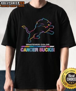 Awesome Detroit Lions Football T-Shirt with colorful 'Cancer Sucks' logo, perfect for supporting cancer awareness.