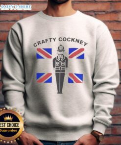 Alt Text: Awesome Eric Bristow Crafty Cockney British Flag Sweatshirt featuring vibrant colors and unique design for fans.