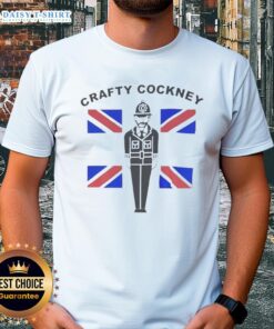 Alt Text: Awesome Eric Bristow Crafty Cockney T-Shirt featuring a vibrant British flag design, perfect for darts fans.