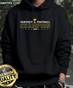 Awesome Fantasy Football Champion 2025 shield trophy emblem hoodie showcasing a bold design for football fans.