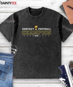 Alt Text: Awesome Fantasy Football Champion 2025 shield trophy emblem on a washed t-shirt, perfect for fans and players alike.