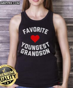 Young boy wearing an 'Awesome Favorite Youngest Grandson' heart tank top, smiling joyfully in a sunny outdoor setting.