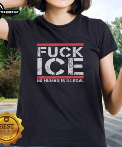 Awesome Fck Ice No Human Is Illegal retro ladies tee featuring bold graphic design and vibrant colors.