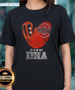Awesome Cincinnati Bengals and Ohio State Buckeyes fingerprint design on a ladies tee, showcasing team pride and DNA.