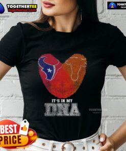 Awesome Houston Texans and Texas Longhorns fingerprints graphic on a ladies tee, showcasing pride in Texas DNA.