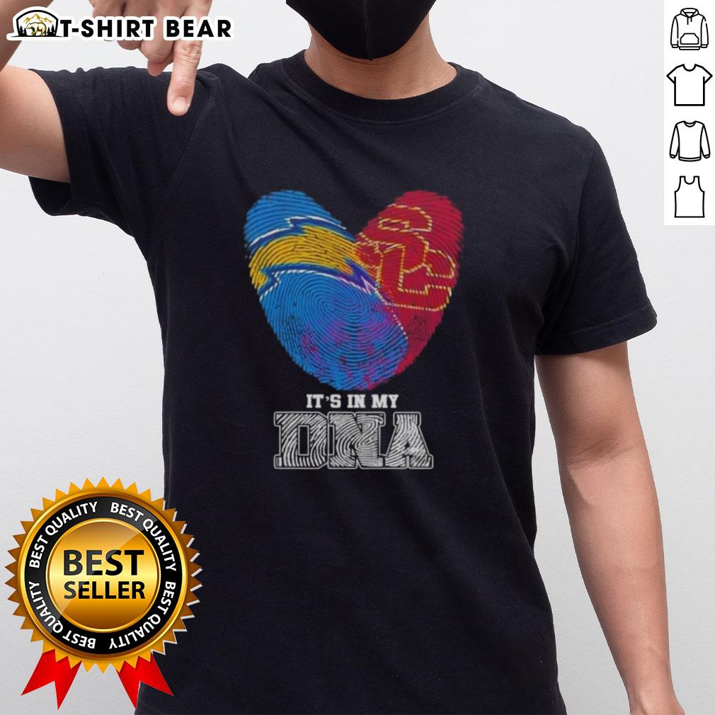 Awesome Fingerprints Los Angeles Chargers X Usc Trojans It'S In My Dna T Shirt Alt Text: Awesome Fingerprints Los Angeles Chargers x USC Trojans 'It's In My DNA' T-shirt showcasing team spirit and style.