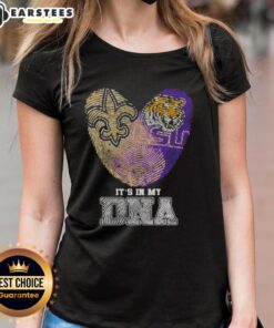Alt Text: Awesome Fingerprints New Orleans Saints X LSU Tigers It's In My DNA Ladies Tee showcasing team spirit and style.
