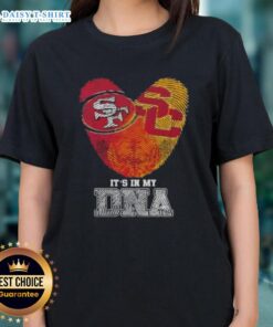 Awesome Fingerprints San Francisco 49ers x USC Trojans It's In My DNA Ladies Tee design showcasing sports pride.