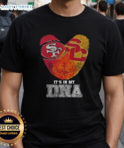 Alt Text: Awesome Fingerprints San Francisco 49ers x USC Trojans T-Shirt design showcasing pride and DNA connection to sports.