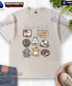 Awesome geometric cats design on a washed t-shirt, perfect for cat lovers and trendy fashion enthusiasts.