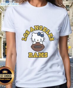 Alt Text: Awesome Hello Kitty x Los Angeles Rams football ladies tee featuring colorful graphics and stylish design.