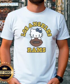 Awesome Hello Kitty X Los Angeles Rams football T-shirt featuring a cute design perfect for fans and collectors.