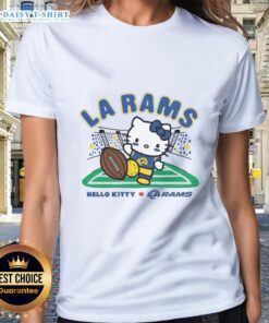 Alt Text: Awesome Hello Kitty x Los Angeles Rams Kickoff Ladies Tee featuring a playful design perfect for fans.
