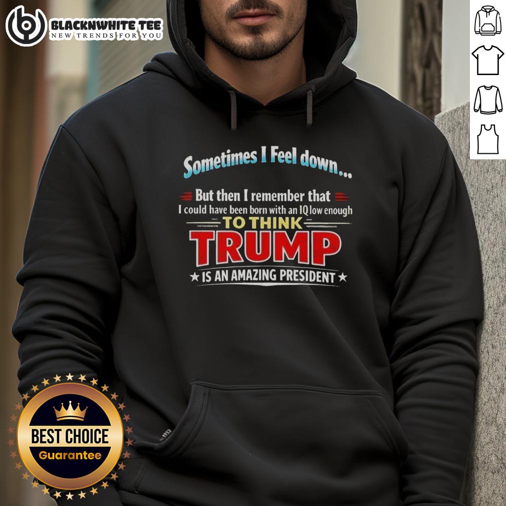 Awesome I Feel Down Then I Remember That I Could Have Been Born With An Iq Low Enough To Think Trump Hoodie Person wearing an 'I Could Have Been Born With An IQ Low Enough To Think Trump' hoodie, expressing humor and reflection.